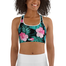 Load image into Gallery viewer, Women&#39;s EPIC Tech Sports Bra | Black - Turquoise-Pink Hibiscus | Regular Waist | Sizes: XS - 2XL (front view)