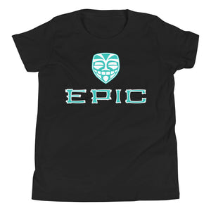 Unisex EPIC Youth Short Sleeve T-Shirt | Black | Turquioise-White Tiki Epic-Epic Tiki | Sizes: S - XL