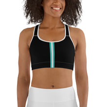 Load image into Gallery viewer, Women&#39;s EPIC Tech Sports Bra | Black - Turq-White Stripe | Scoop Neck - Racerback | Sizes: XS - 2XL (back view)