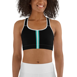 Women's EPIC Tech Sports Bra | Black - Turq-White Stripe | Scoop Neck - Racerback | Sizes: XS - 2XL (back view)