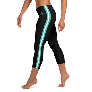 Women's EPIC Tech Capri Leggings | Black - Turquoise-White Stripes | Regular Waist | Sizes: XS - XL