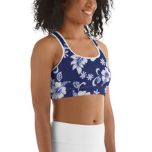 Load image into Gallery viewer, Women&#39;s EPIC Tech Sports Bra | Navy-White Hibiscus | Scoop Neck - Racerback | Sizes: XS - 2XL (back view)