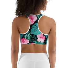 Load image into Gallery viewer, Women&#39;s EPIC Tech Sports Bra | Black - Turquoise-Pink Hibiscus | Regular Waist | Sizes: XS - 2XL (back view)