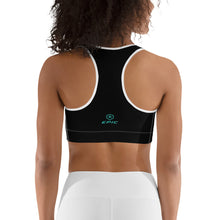 Load image into Gallery viewer, Women&#39;s EPIC Tech Sports Bra | Black - Turq-White Stripe | Scoop Neck - Racerback | Sizes: XS - 2XL (back view)