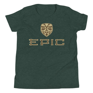 Unisex EPIC Youth Short Sleeve T-Shirt | Heather Forest | Brown-Beige Tiki Epic-Epic Tiki | Sizes: S - XL