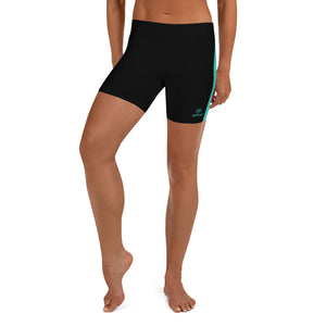 Women's EPIC Tech Shorts | Black - Turquoise-White Stripes | Regular Waist | Sizes: XS - 3XL