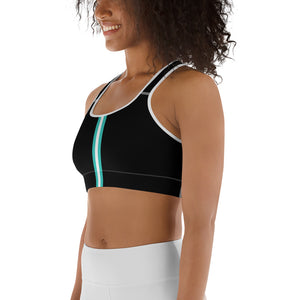 Women's EPIC Tech Sports Bra | Black - Turq-White Stripe | Scoop Neck - Racerback | Sizes: XS - 2XL (back view)