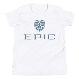 Unisex EPIC Youth Short Sleeve T-Shirt | White | Slate Blue-Light Grey Tiki Epic-Epic Tiki | Sizes: S - XL