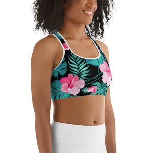 Women's EPIC Tech Sports Bra | Black - Turquoise-Pink Hibiscus | Regular Waist | Sizes: XS - 2XL (back view)