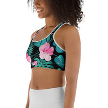 Load image into Gallery viewer, Women&#39;s EPIC Tech Sports Bra | Black - Turquoise-Pink Hibiscus | Regular Waist | Sizes: XS - 2XL (back view)