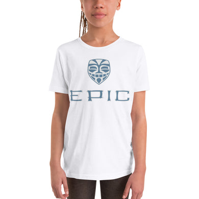 Unisex EPIC Youth Short Sleeve T-Shirt | White | Slate Blue-Light Grey Tiki Epic-Epic Tiki | Sizes: S - XL